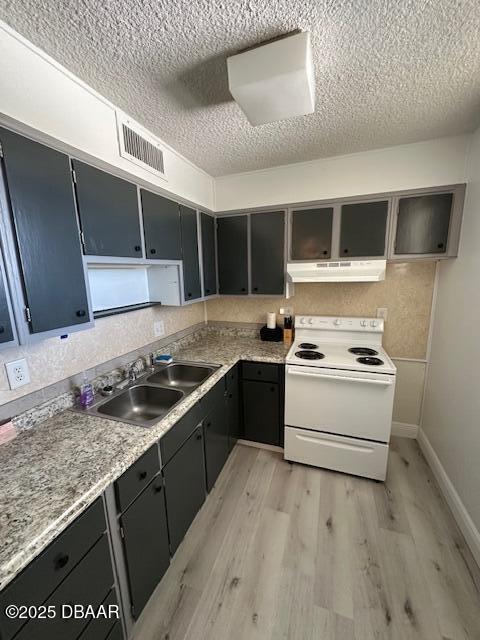 kitchen featuring visible vents, white range with electric cooktop, under cabinet range hood, light wood-style flooring, and a sink