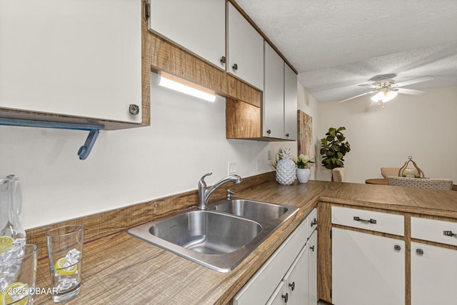 kitchen with white cabinetry, sink, a textured ceiling, and ceiling fan