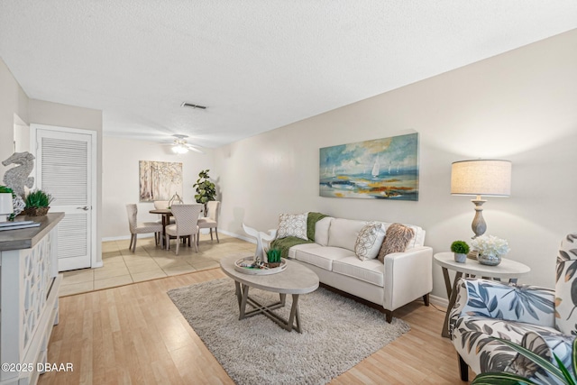 living room featuring ceiling fan, light hardwood / wood-style floors, and a textured ceiling