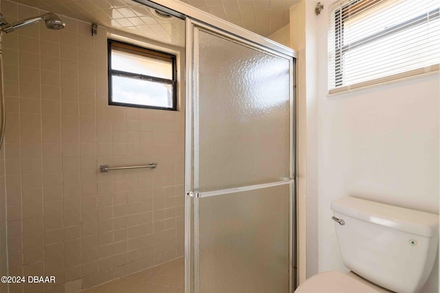 bathroom with toilet and a shower with door