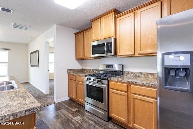 kitchen featuring a textured ceiling, dark hardwood / wood-style floors, and stainless steel appliances