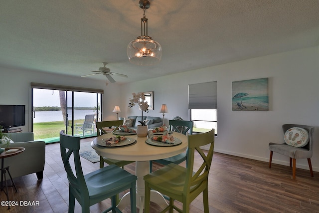 dining room with a wealth of natural light, dark hardwood / wood-style floors, a textured ceiling, and ceiling fan with notable chandelier