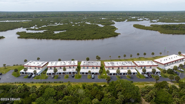 bird's eye view with a water view