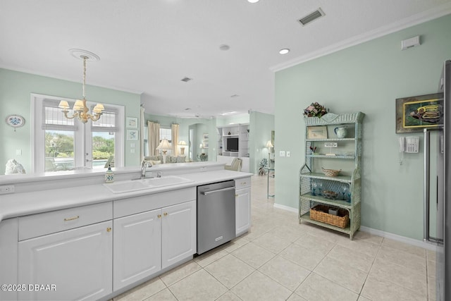 kitchen with dishwasher, sink, light tile patterned flooring, decorative light fixtures, and white cabinets