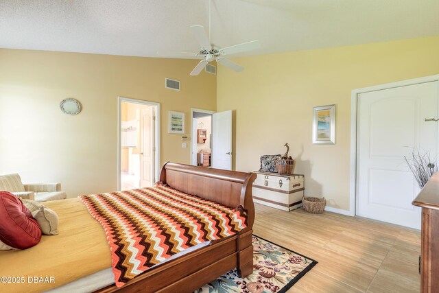 6273 Paradise Island Ct, Port Orange, FL 32128 - bedroom with high vaulted ceiling, a ceiling fan, and baseboards