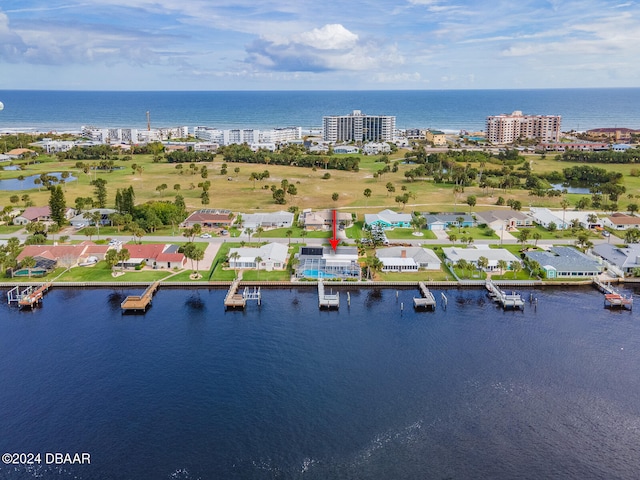 drone / aerial view with a water view