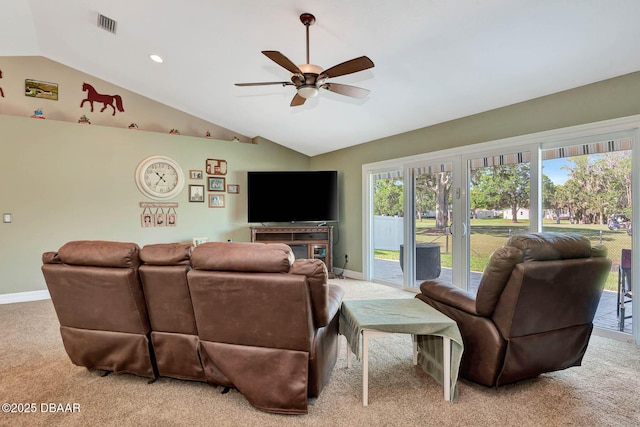 5479 Saint Regis Way, Port Orange, FL 32128 - living area with lofted ceiling, ceiling fan, light carpet, and recessed lighting