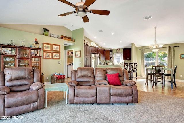 5479 Saint Regis Way, Port Orange, FL 32128 - living room featuring ceiling fan, light colored carpet, vaulted ceiling, and recessed lighting