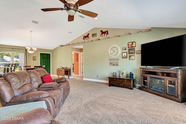 5479 Saint Regis Way, Port Orange, FL 32128 - living room with carpet flooring, vaulted ceiling, and a ceiling fan