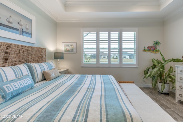 bedroom with ornamental molding and a tray ceiling