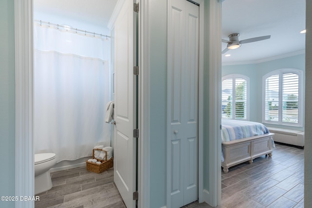 bathroom with ceiling fan, ornamental molding, shower / bath combination with curtain, and toilet