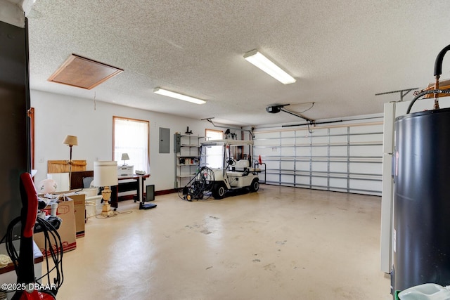 garage featuring electric panel, a garage door opener, and water heater