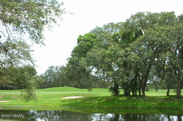 view of property's community with a water view and a lawn