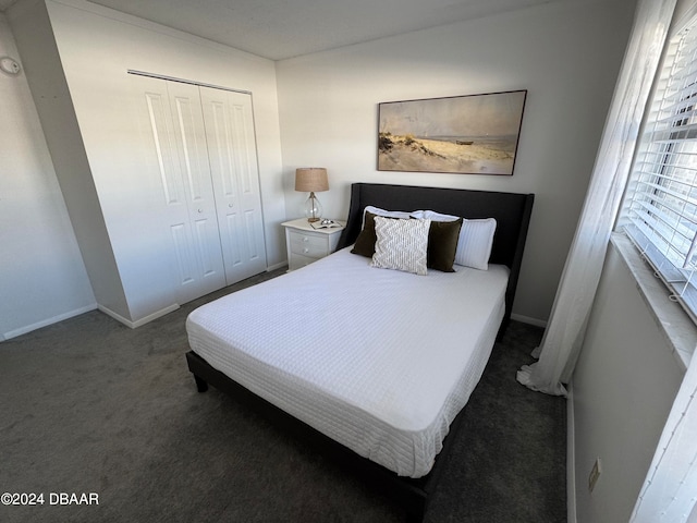 bedroom featuring dark colored carpet and a closet