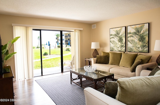 living room featuring a textured ceiling and light hardwood / wood-style flooring