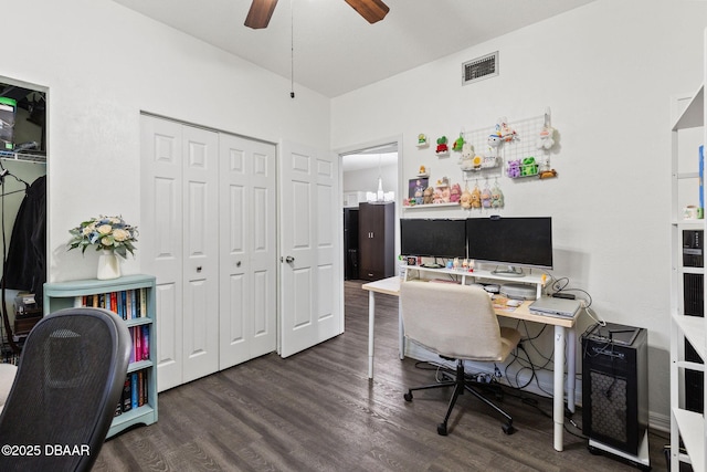 office space featuring ceiling fan, wood finished floors, and visible vents