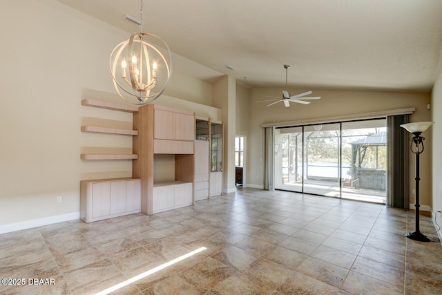 unfurnished living room with ceiling fan with notable chandelier