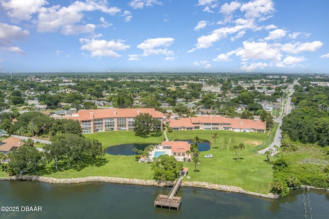 drone / aerial view featuring a water view