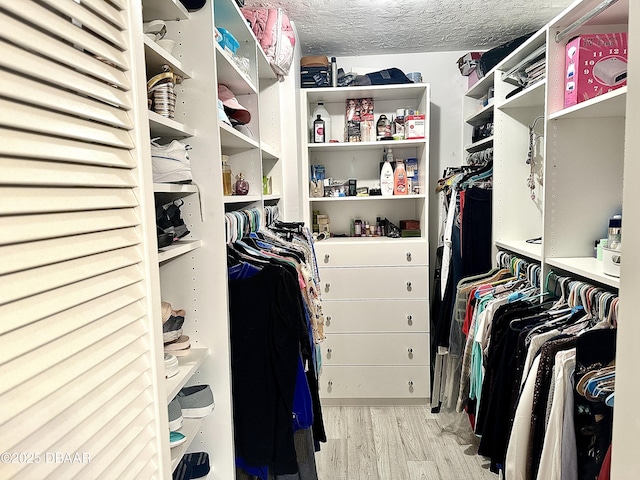 walk in closet with light hardwood / wood-style flooring