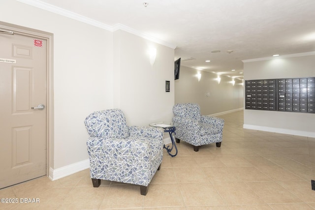 sitting room featuring tile patterned floors, ornamental molding, and a mail area