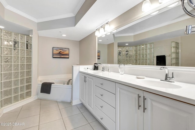 bathroom with tile patterned floors, vanity, ornamental molding, and independent shower and bath