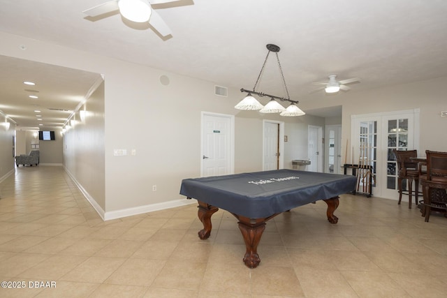 playroom featuring ceiling fan, billiards, crown molding, and french doors