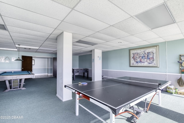 recreation room with a drop ceiling, pool table, and carpet