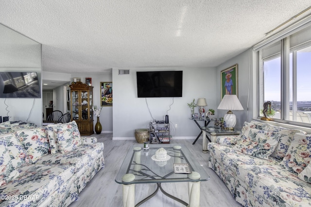 living room featuring a textured ceiling and light wood-type flooring