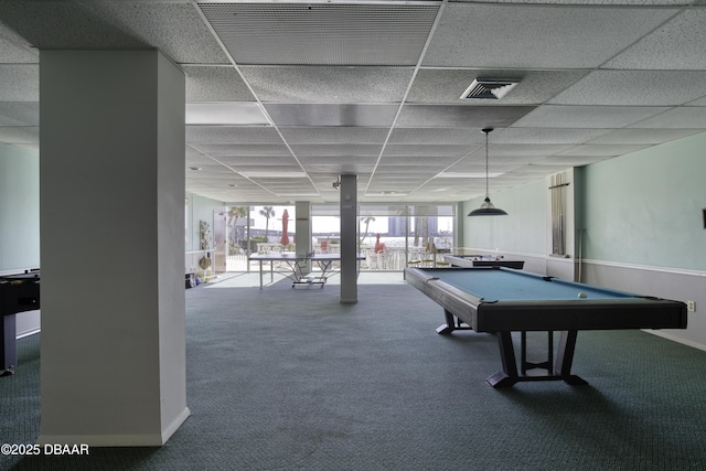 playroom with a drop ceiling, billiards, expansive windows, and carpet flooring