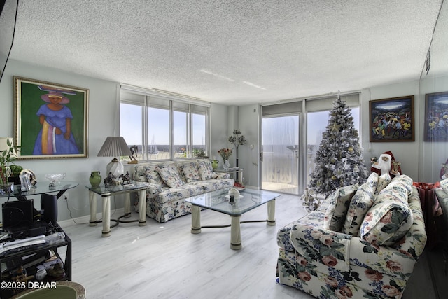 living room with a textured ceiling