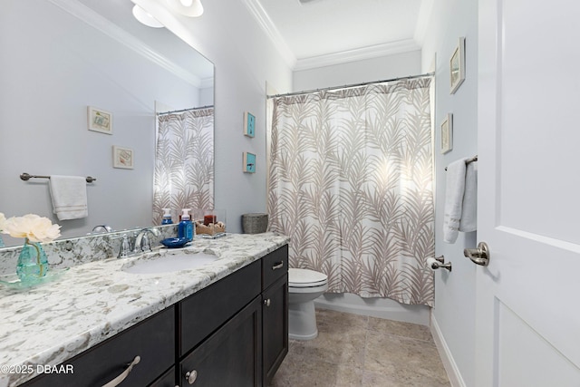 full bathroom featuring shower / bath combination with curtain, vanity, toilet, crown molding, and tile patterned floors