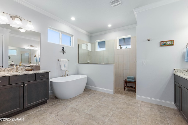 bathroom featuring vanity, tile patterned floors, ornamental molding, and separate shower and tub