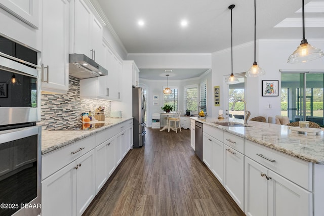 kitchen featuring appliances with stainless steel finishes, decorative light fixtures, sink, white cabinets, and ornamental molding