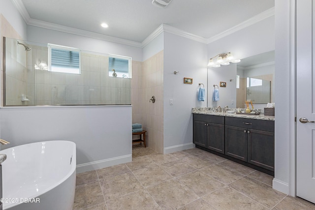 bathroom with vanity, ornamental molding, and shower with separate bathtub