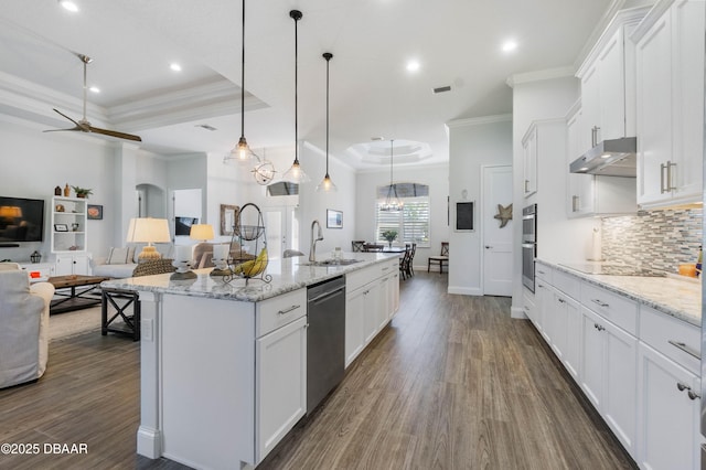 kitchen featuring appliances with stainless steel finishes, white cabinetry, decorative light fixtures, a raised ceiling, and a large island with sink