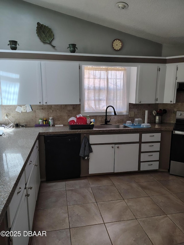 kitchen with a sink, tasteful backsplash, black dishwasher, vaulted ceiling, and stainless steel electric range oven