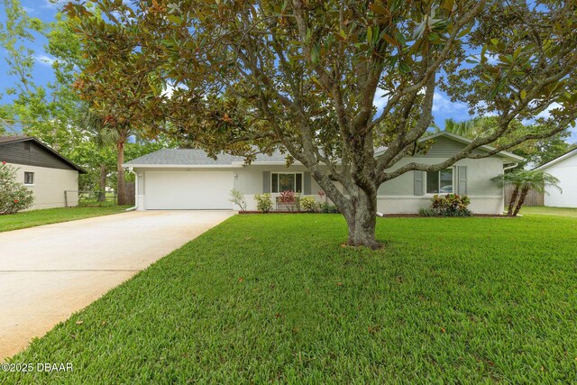 1317 Dexter Dr W, Port Orange, FL 32129 - view of front of home with driveway, an attached garage, a front lawn, and stucco siding
