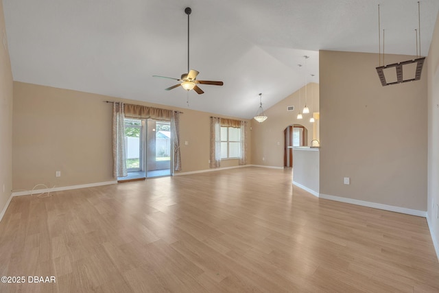 unfurnished living room featuring ceiling fan, light hardwood / wood-style floors, and high vaulted ceiling