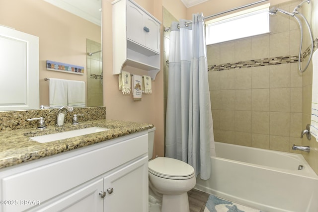 full bathroom with crown molding, toilet, shower / bathtub combination with curtain, and vanity