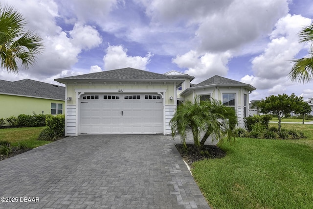 ranch-style home with a garage, decorative driveway, and a front lawn