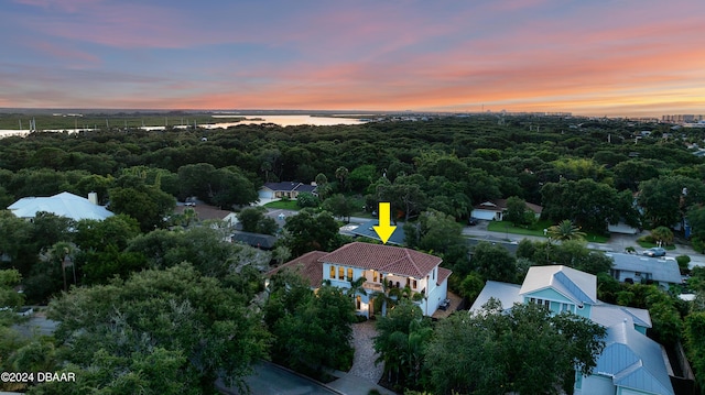 aerial view at dusk with a water view