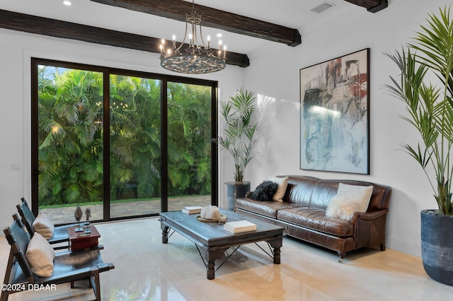 living room featuring beamed ceiling and an inviting chandelier