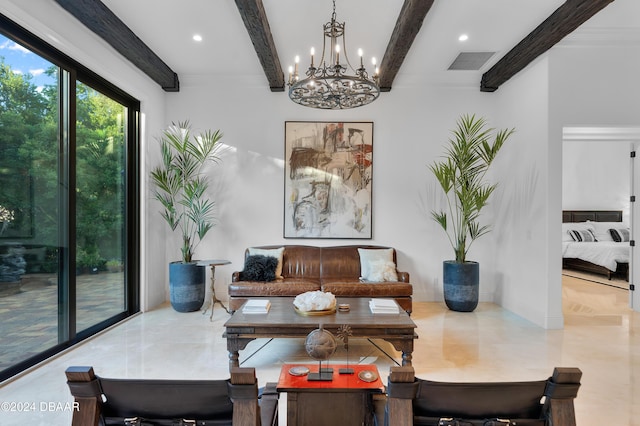 living room featuring beam ceiling