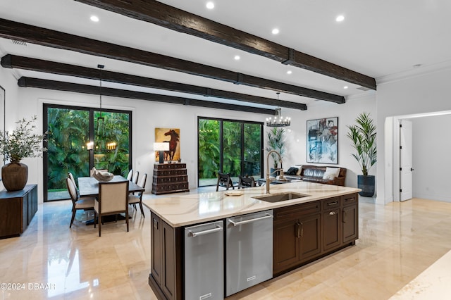 kitchen featuring sink, decorative light fixtures, stainless steel dishwasher, a notable chandelier, and light stone countertops