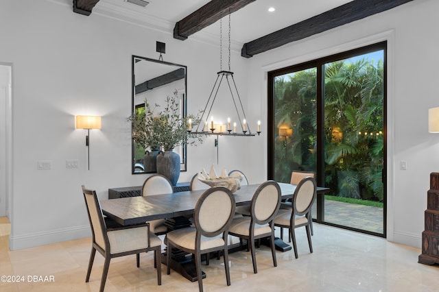 dining room with beamed ceiling and an inviting chandelier