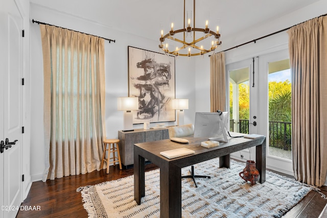 office area featuring dark wood-type flooring, french doors, and a notable chandelier