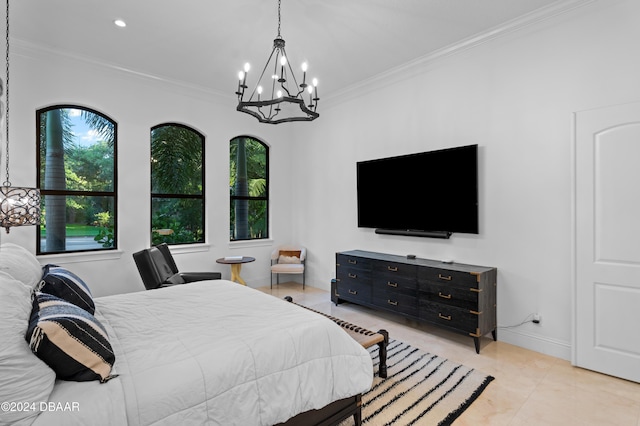 bedroom with ornamental molding, light tile patterned flooring, and an inviting chandelier