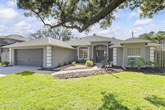 ranch-style house with a front lawn and a garage