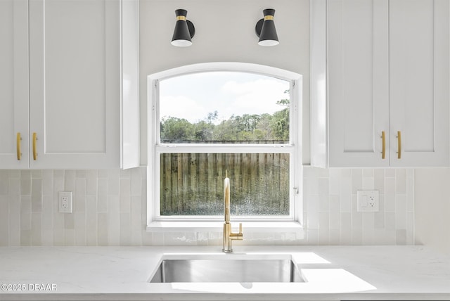 details with white cabinets, light stone countertops, and sink