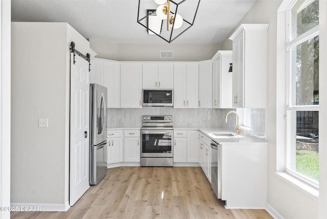 kitchen featuring hanging light fixtures, stainless steel appliances, decorative backsplash, sink, and white cabinetry